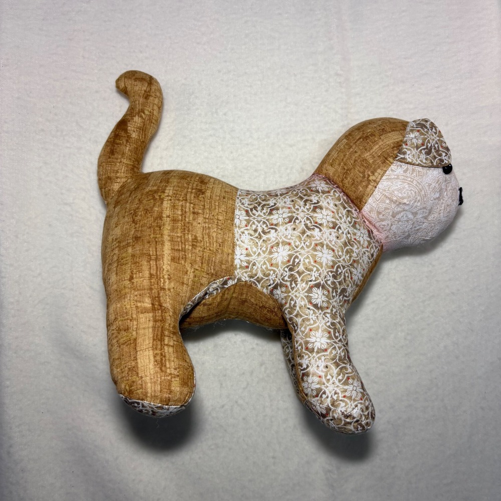 Handmade Patchwork Fabric Cat Plush Tan‎ Floral Paisley Stuffed Animal Decor 14"